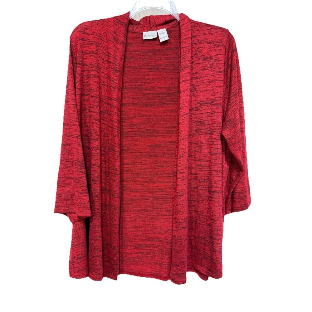 Kim Rogers Womens 2X Plus Sweater Open Front Cardigan Knit Red Black Lightweight